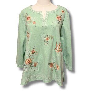 Alfred Dunner Embroidered Floral & Hummingbird Top – Size Medium | Cozy Classic